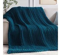 Negwoo Chunky Knit Throw Blanket, 50''*60'' Knitted Throw Chenille Yarn for Bed Couch, Handmade Peacock Blue Crochet Big Thick Blanket, Machine Washable Cute Comfy Blanket for Home Decor