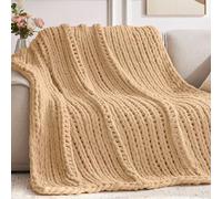 Negwoo Chunky Knit Throw Blanket, 60''*80'' Knitted Throw Chenille Yarn for Bed Couch, Handmade Beige Crochet Big Thick Blanket, Machine Washable Cute Comfy Blanket for Home Decor