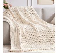 Negwoo Chunky Knit Throw Blanket, 60''*80'' Knitted Throw Chenille Yarn for Bed Couch, Handmade Cream Crochet Big Thick Blanket, Machine Washable Cute Comfy Blanket for Home Decor