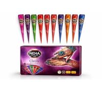 NEHA Premium Henna Cones, Classic Rich Colours, Fast Colour, Long Lasting, 12 Vibrant Colours Pack with Free Henna Stencil
