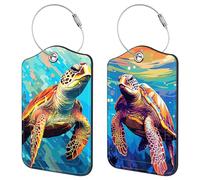 Neidius 2 Pack Luggage Tags for Suitcase,PU Leather Travel Cruise Luggage Tag with Privacy Cover,Name ID Label and Steel Ring,Travel Essentials for Women Men (Watercolor Sea Turtle)