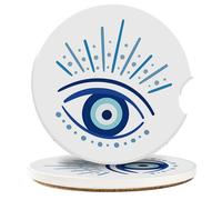 Neidius Blue Turkish Evil Eye Ceramic Car Coaster for Cup Holders - Anti Slip Cork Base, 2.56 Inch, 2Pcs Auto Accessories for Women and Men