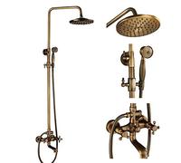 NeierThodore Antique Brass 8-Inch Bathroom Shower Faucet System Rainfall Shower Head Wall-Mounted Dual Cross Handle Bathtub Shower Mixer Tap with Hand Sprayer