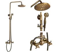 NeierThodore Antique Brass Bathroom Shower Faucet System Set 8 Inch Rainfall Shower Head Handheld Spray 2 Knobs Mixing