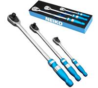NEIKO 03006A Flat Head Ratchet Set - 3 Piece Low Profile 1/4, 3/8, 1/2 Inch Drive, 90 Teeth, Anodized Textured Grip Handle, Long Handle, Sealed Head, Cr-Mo