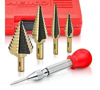 NEIKO 10169A Step Drill Bit Set and Automatic Center Punch | 5 Piece, 41 SAE Sizes Total, 1/8” - 1-3/8” | Titanium High Speed Steel Unibit, Stepper Cone Drill Bit | Two Flute Step Down Bits