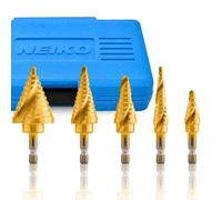 NEIKO 10173A Step Drill Bit Set for Metal and Wood, 5 Piece SAE, Spiral Grooved for Faster Drilling, Step Bits with 50 Total Step Sizes, Titanium Coated Unibits