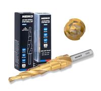 NEIKO 10603A Step Drill Bit, 6 Steps 3/16" to 1/2" Spiral High Speed Steel, Titanium Nitride Coated, 1/4" Tri Flat Step Bits for Steel, Metal, Wood, Plastic, Unibit Cone Drill Bits, Two Flute