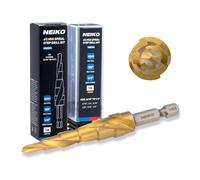 NEIKO 10605A Step Drill Bit, 6 Steps 3/16" to 1/2" Spiral High Speed Steel, Titanium Nitride Coated, 1/4" Quick Change Step Bits for Steel, Metal, Wood, Plastic, Unibit Cone Drill Bits, Two Flute