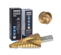 NEIKO 10623A Step Drill Bit, 9 Steps 1/2" to 1" Spiral High Speed Steel, Titanium Nitride Coated, 3/8" Tri Flat Step Bits for Steel, Metal, Wood, Plastic, Unibit Cone Drill Bits, Two Flute