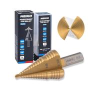 NEIKO 10626A Step Drill Bit, 2 Steps 7/8" to 1-1/8" Straight High Speed Steel, Titanium Nitride Coated, 3/8" Tri-Flat Step Bits for Steel, Metal, Wood, Plastic, Unibit Cone Drill Bits, Two Flute