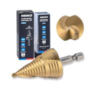NEIKO 10629A Step Drill Bit, 2 Steps 7/8" to 1-1/8" Spiral High Speed Steel, Titanium Nitride Coated, 1/4" Quick Change Step Bits for Steel, Metal, Wood, Plastic, Unibit Cone Drill Bits, Two Flute