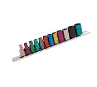12 Piece Multi Coloured Socket Set, 1/4" Drive + Wall Rail