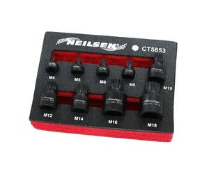 Neilsen CT5853 9pc Impact Spline Bit Set Low Profile Stubby Spline Impact Bit Socket Set 1/4in 3/8in 1/2in Drive M4-M18 Chrome-Molybdenum for Air and Electric Impact Guns