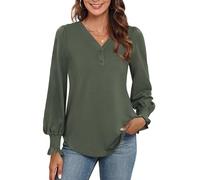 Neineiwu Long Sleeve Women's Elegant V-Neck Button Down Blouse Casual Plain T-Shirt, olive green, M