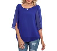 Neineiwu Women's Chiffon Blouse Tops Elegant Casual Loose 3/4 Split Sleeve Crew Neck Blouse Shirts,Blue,M