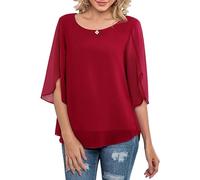 Neineiwu Women's Chiffon Blouse Tops Elegant Casual Loose 3/4 Split Sleeve Crew Neck Blouse Shirts,Red,M