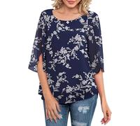 Neineiwu Women's Chiffon Blouses 2024 Summer Short Sleeve V Neck Tshirts Loose Casual Flowy Dressy Tops for Leggings Blouse Navy,S