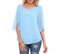 Neineiwu Women's Chiffon Blouses 2024 Summer Short Sleeve V Neck Tshirts Loose Casual Flowy Dressy Tops for Leggings Blouse,Light Blue,S