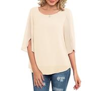 Neineiwu Women's Chiffon Tunic Casual Round Collar 3/4 Sleeve Blouse Mesh Flowing Shirts Loose Fit Tops, apricot, L