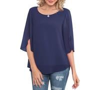Neineiwu Women's Chiffon Tunic Casual Round Collar 3/4 Sleeve Blouse Mesh Flowing Shirts Loose Fit Tops, darkblue, S