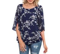 Neineiwu Women's Chiffon Tunic Casual Round Collar 3/4 Sleeve Blouse Mesh Flowing Shirts Loose Fit Tops, White leaves / blue, L