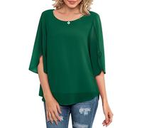 Neineiwu Women's Chiffon Tunic Casual Round Collar 3/4 Sleeve Blouse Mesh Flowing Shirts Loose Fit Tops, dark green, L
