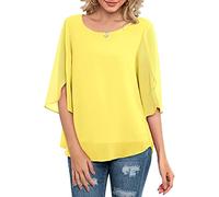 Neineiwu Women's Clothes Casual Scoop Neck Loose Top 3/4 Sleeve Chiffon Blouse Shirt Tops - yellow - XX-Large