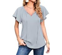 Neineiwu Women's Elegant Floral Print V-Neck Short Sleeve Shirts Loose Drawstring Women's Blouses, gray, M