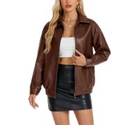 Neineiwu Women's Leather Jacket, Oversized Faux Leather Jacket, Fashionable for Autumn and Winter, Long Sleeves, Transition Jacket, Oversize Y2K, brown, M