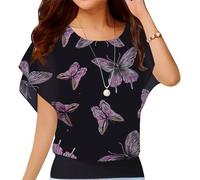 Neineiwu Women's Summer Loose Casual Short Sleeve Chiffon Top Blouses, Purple / Black Butterfly, M