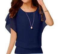 Neineiwu Women's Summer Loose Casual Short Sleeve Chiffon Top T-Shirt Blouse, Dark Blue, XL