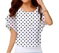 Neineiwu Women's Summer Loose Casual Short Sleeve Chiffon Top T-Shirt Blouse, White / Black Polka Dot, M
