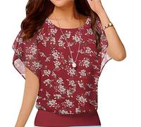 Neineiwu Women's Summer Loose Casual Short Sleeve Chiffon Top T-Shirt Blouse, White Flower-red, M