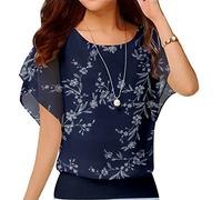 Neineiwu Women's Summer Loose Casual Short Sleeve Chiffon Top T-Shirt Blouse, White Leaves / Navy Blue, M