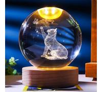 Neioaas 6cm 3D Cat Crystal Ball Lights-3 Color LED Animal Glass Ball Plug-in Night Light with Control LED Wooden Base,3D Engraved Crystal Ball Light Decor, Gift for Kids Friends & Family(Cat)