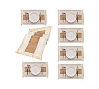 NEIQIUWING Set of 6 Rectangular Placemats & 1 Long Table for runner with Woven Stripe Design, Rustic Neutral Tassled Linen Look, 30x45cm and 30x220cm for Dining Table Protection and Decor(Khaki)