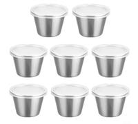 NEIQIUWING Stackable Snack Boxes, 8 Pieces, 70 ml Density Sauce Bowls with Silicone Lids for Salad Dressings and Dips, Space Saving for Travel and Kitchen, Silver