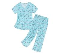 Neisee Womens Plus Size Pajamas Short Sleeve Top with Capri Pants 2 Piece Cute Pajama Set Butterfly Print Sleepwear Loungewear Pj Sets, Blue Butterfly, XL