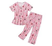 Neisee Womens Plus Size Pajamas Short Sleeve Top with Capri Pants 2 Piece Cute Pajama Set Kittens Print Sleepwear Loungewear Pj Sets, Pink Kittens, XXL
