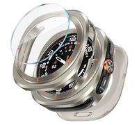 Neitra 3 in 1 Metal Case for Samsung Galaxy Watch Ultra 47mm Screen Protector, Stainless Steel Protective Cover Rugged Bumper with Back Frame and 9H Tempered Glass Film for Watch 7 Ultra, Titanium