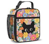 NEIUJADK Kids Insulated Lunch Bag for Girls, Cute Cat Flower Print Reusable Lunch Box, Portable Handheld Black CatLunch Tote with Multiple Pockets for School Travel Picnic