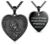 NEIYOO Heart Praying Hands Necklace for Men Prayer One Day At A Time Cross Pendant Religious Faith Jewelry Gift for Christian Sobriety Recovery, Necklace for Men, Stainless Steel, No Gemstone