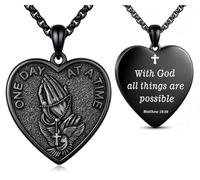 NEIYOO Heart Praying Hands Necklace for Men Prayer One Day At A Time Cross Pendant Religious Faith Jewelry Gift for Christian Sobriety Recovery, Necklace for Men, Stainless Steel, No Gemstone