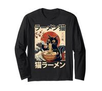 Neko Ramen Black Cat Great Wave Japanese Ukiyo-e Style Art Long Sleeve T-Shirt