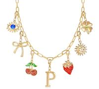 NEKOL Initial Charm Necklace for Women, Evil Eye Four-Leaf Clover Sun Bow Cherry Strawberry Removable Charms Necklace Paper Clip Chain Choker, Trendy Jewelry Birthday Christmas Gifts for Her, Metal