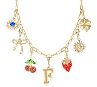 NEKOL Initial Charm Necklace for Women, Evil Eye Four-Leaf Clover Sun Bow Cherry Strawberry Removable Charms Necklace Paper Clip Chain Choker, Trendy Jewelry Birthday Christmas Gifts for Her, Metal