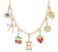 NEKOL Initial Charm Necklace for Women, Evil Eye Four-Leaf Clover Sun Bow Cherry Strawberry Removable Charms Necklace Paper Clip Chain Choker, Trendy Jewelry Birthday Christmas Gifts for Her, Metal