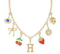 NEKOL Initial Charm Necklace for Women, Evil Eye Four-Leaf Clover Sun Bow Cherry Strawberry Removable Charms Necklace Paper Clip Chain Choker, Trendy Jewelry Birthday Christmas Gifts for Her, Metal