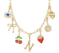 NEKOL Initial Charm Necklace for Women, Evil Eye Four-Leaf Clover Sun Bow Cherry Strawberry Removable Charms Necklace Paper Clip Chain Choker, Trendy Jewelry Birthday Christmas Gifts for Her, Metal
